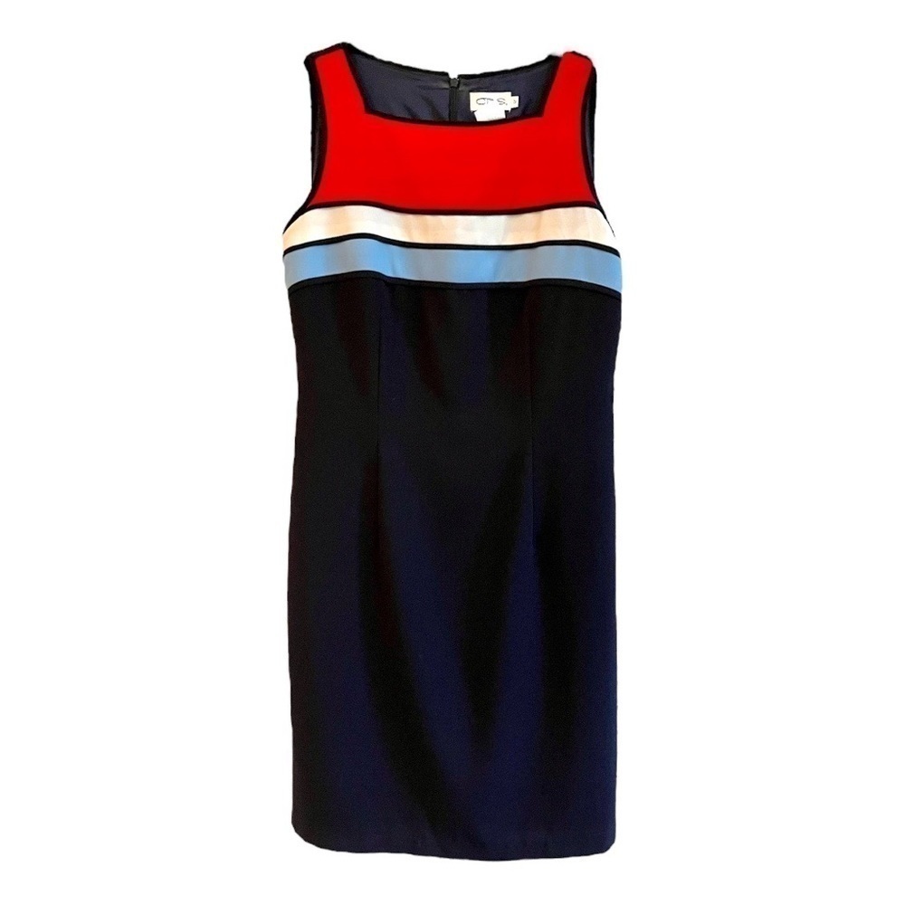 CDC, NWT, WOMENS SLEEVELESS DRESS IN COLOR BLOCK PATTERN. SIZE 12